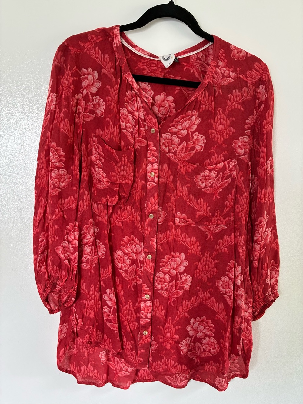 Anthropologie Red Floral Button-Down Tunic Blouse